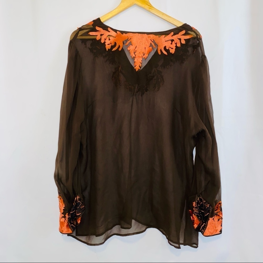 Anne Carson 100% Silk Brown Embroidered Swim Coverup Tunic Top Size 1X